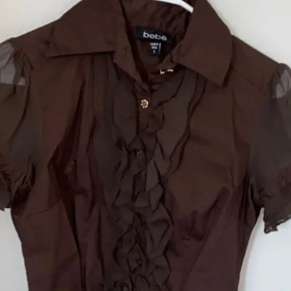 Bebe Brown Ruffle Blouse Small - Picture 4 of 6